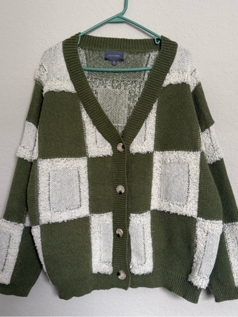 Hudson Gray Green White Patchwork Cardigan Size Small Oversized Academia Preppy